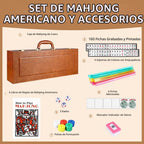 American Mahjong - Juego de maletas de cuero sintético portátil marrón, 166 azulejos blancos, 4 estantes Mahjong todo en uno con empujadores, incluye fichas y dados, juego de azulejos Travel
