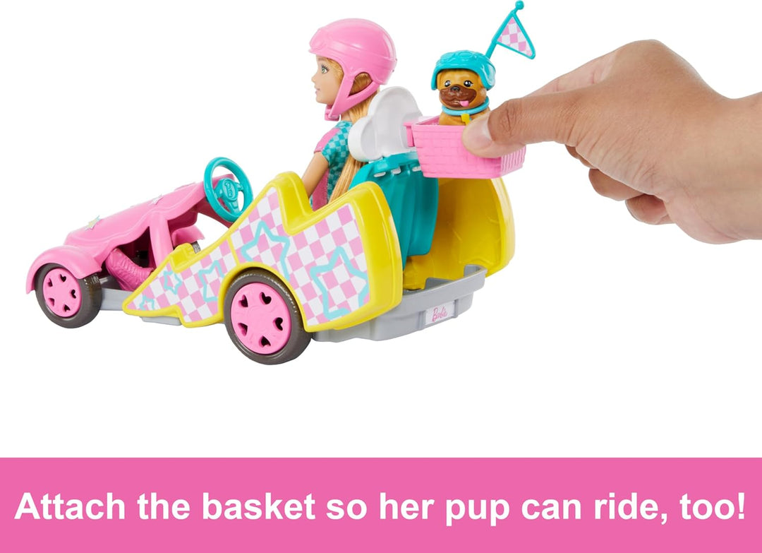 Barbie Stacie - Muñeca con coche de karts con ruedas rodantes, perr...