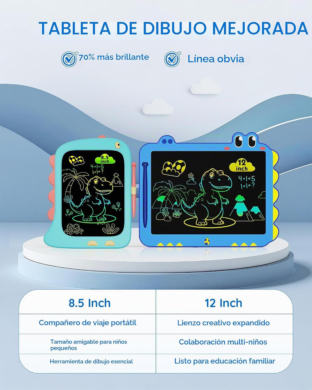 Tableta LCD de 12 pulgadas para garabatear, tablero de dibujo de dinosaurio verde para niños de 3 a 6 años, regalos de Navidad y cumpleaños, color azul