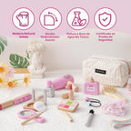 Juego de 19 juguetes de maquillaje de madera para niños pequeños, juegos de simulación para niños, juguetes de rol para niños, juguetes de salón de cosméticos falsos