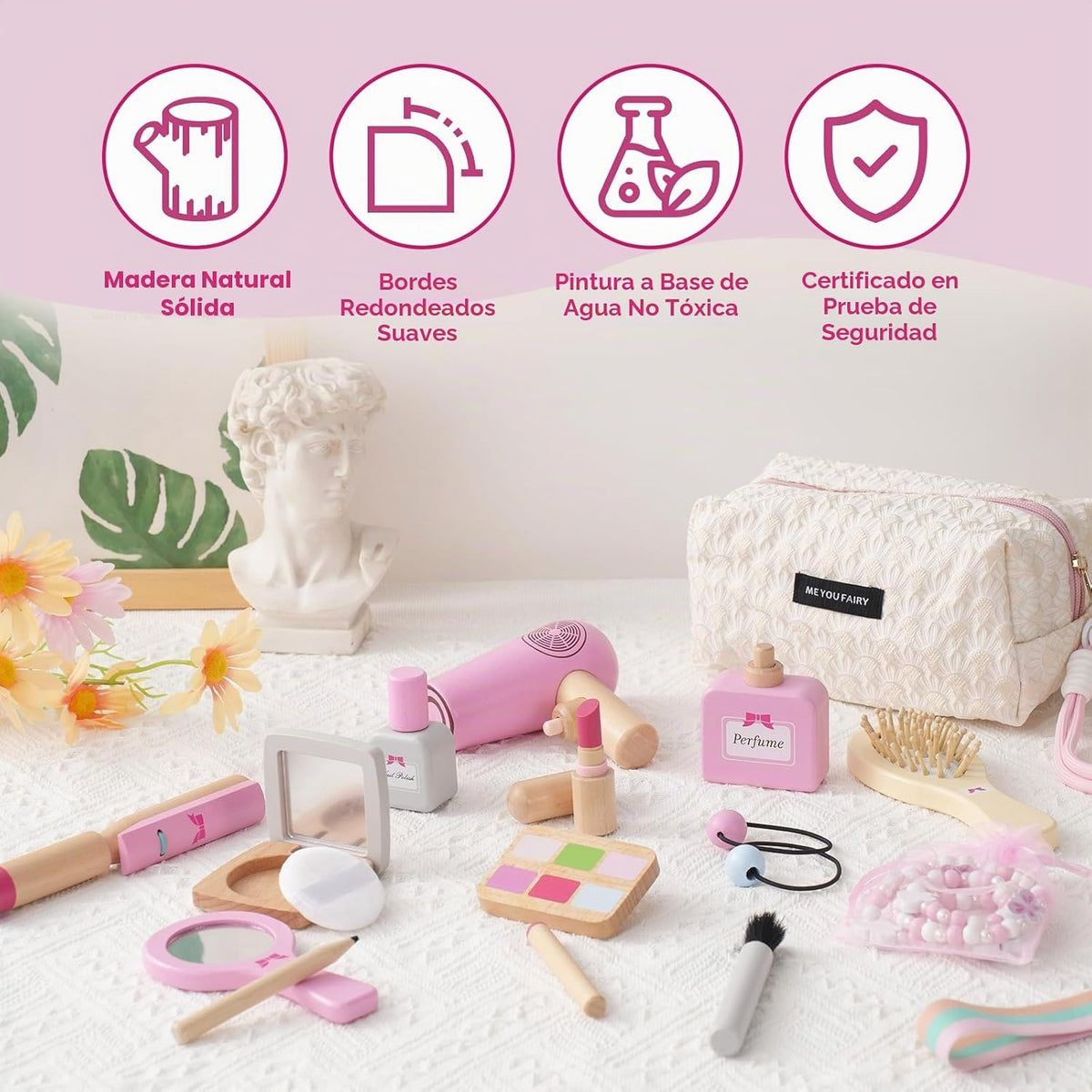 Juego de 19 juguetes de maquillaje de madera para niños pequeños, juegos de simulación para niños, juguetes de rol para niños, juguetes de salón de cosméticos falsos