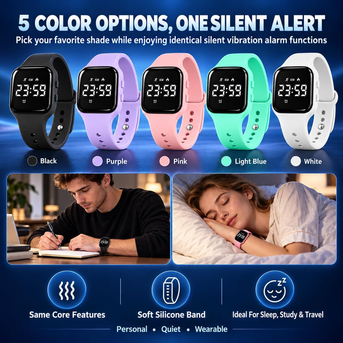 Reloj despertador para dormitorio, pulsera vibratoria, reloj de pulsera con vibración para dormir pesado, pulsera de choque silencioso, extra fuerte, despierta a personas sordas con TDAH