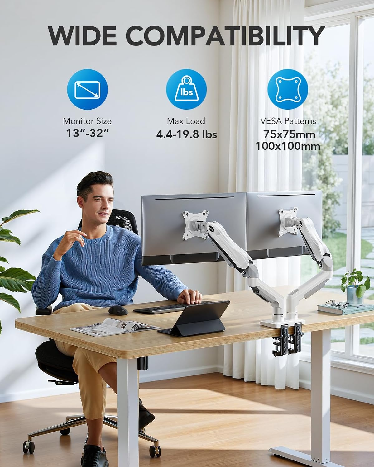 HUANUO Soporte para Monitor Dual - Soporte de Escritorio para Monitor Completamente Ajustable con Brazo Giratorio y Soporte Vesa con Abrazadera C, Base de Montaje con Ojal para Pantallas de