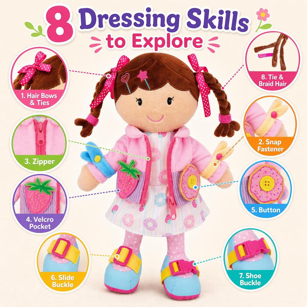 June Garden Dressy Friends Daisy de 15.5 pulgadas, muñeca de peluche educativa para niños y niños pequeños de 2 años en adelante, juguete suave con hebilla Montessori