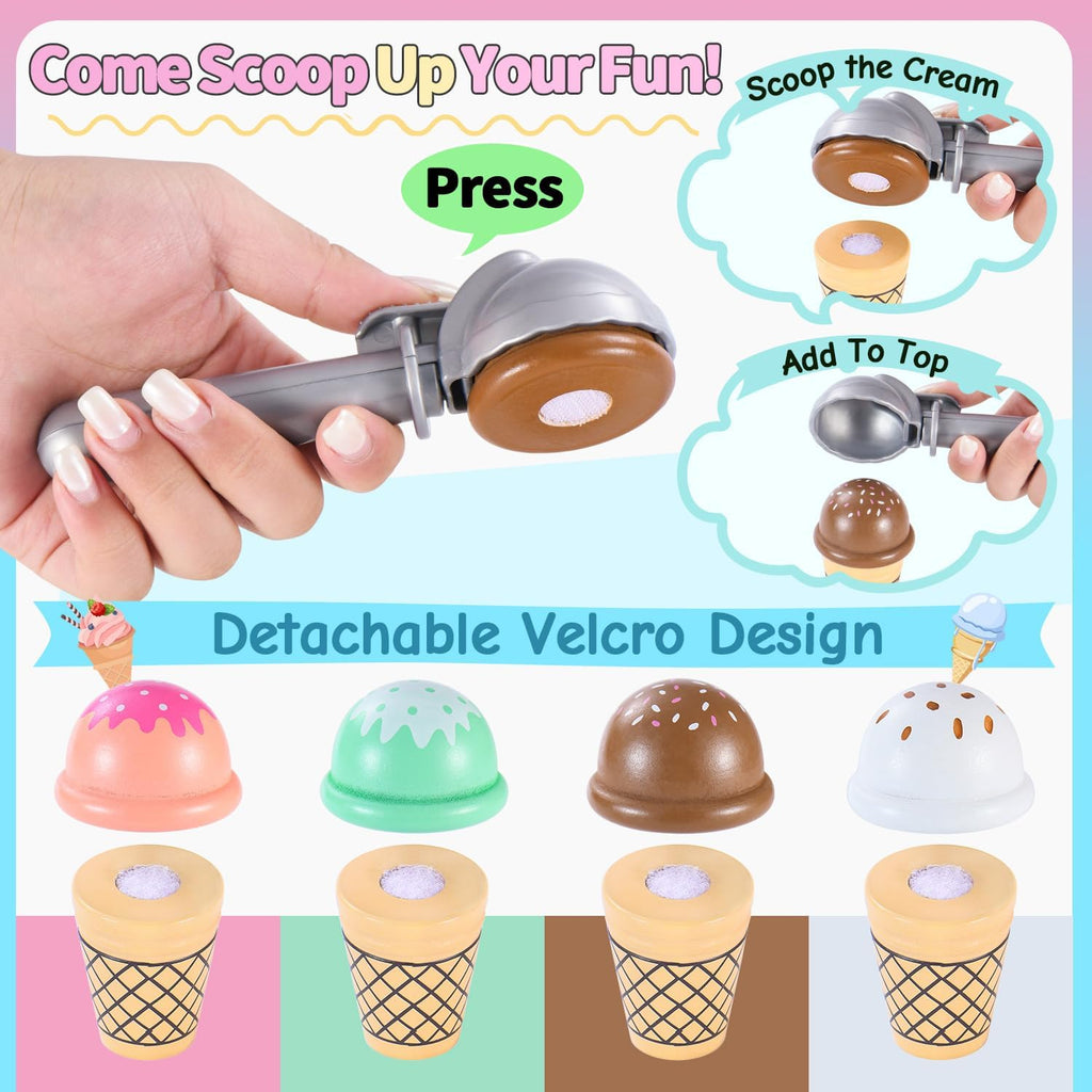 Mini juguetes de helado de madera para niños, juguetes de cocina de simulación, juguetes de comida de cocina, juego de mostrador para niños pequeños con cucharada, menú y dinero falso para niños de 3, 4, 5, 6 años, regalos de cumpleaños de Navidad