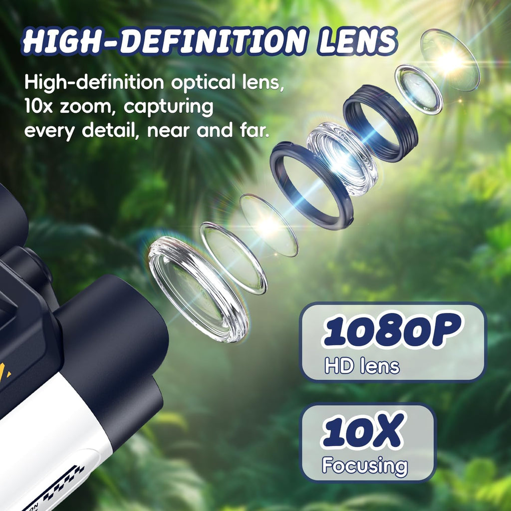 Binoculares para niños con visión nocturna, pantalla HD de 2.4 pulgadas y zoom de 10X para fotos y videos, binoculares de aventura al aire libre, observación de aves, campamento, senderismo