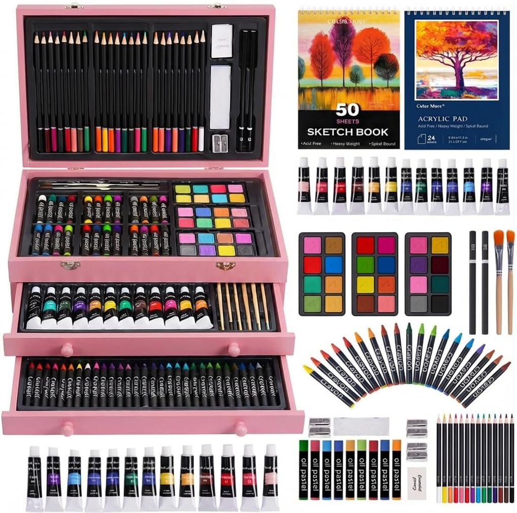 Juego de 175 piezas de arte de madera de lujo con 2 almohadillas de dibujo, pinturas acrílicas, lápices de colores, lápices de colores, pincel, kit de arte en estuche de madera, regalo para artistas