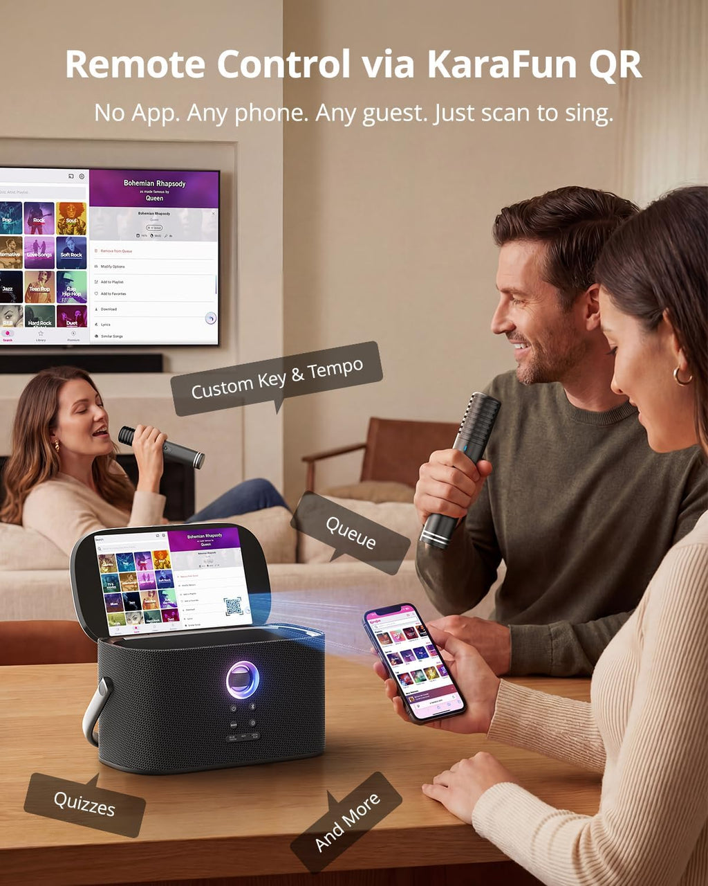 Ikarao Máquina de karaoke portátil para adultos, pantalla y pantalla de letras integradas, 2 micrófonos inalámbricos de carga automática, aplicación de karaoke, altavoz de 140 W, se conecta a la televisión para fiestas en casa, cumpleaños, campamento al