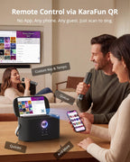 Ikarao Máquina de karaoke portátil para adultos, pantalla y pantalla de letras integradas, 2 micrófonos inalámbricos de carga automática, aplicación de karaoke, altavoz de 140 W, se conecta a la televisión para fiestas en casa, cumpleaños, campamento al