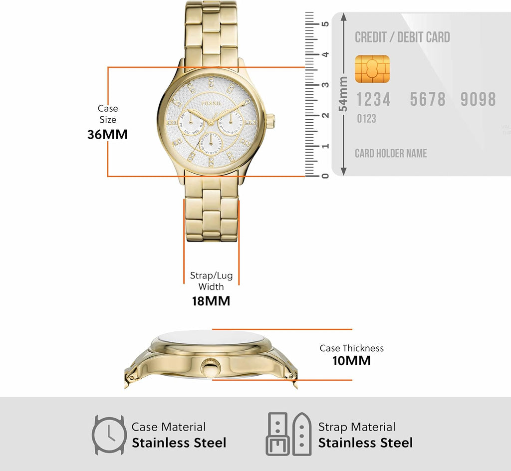 Moderno y sofisticado reloj multifunción de acero inoxidable dorado