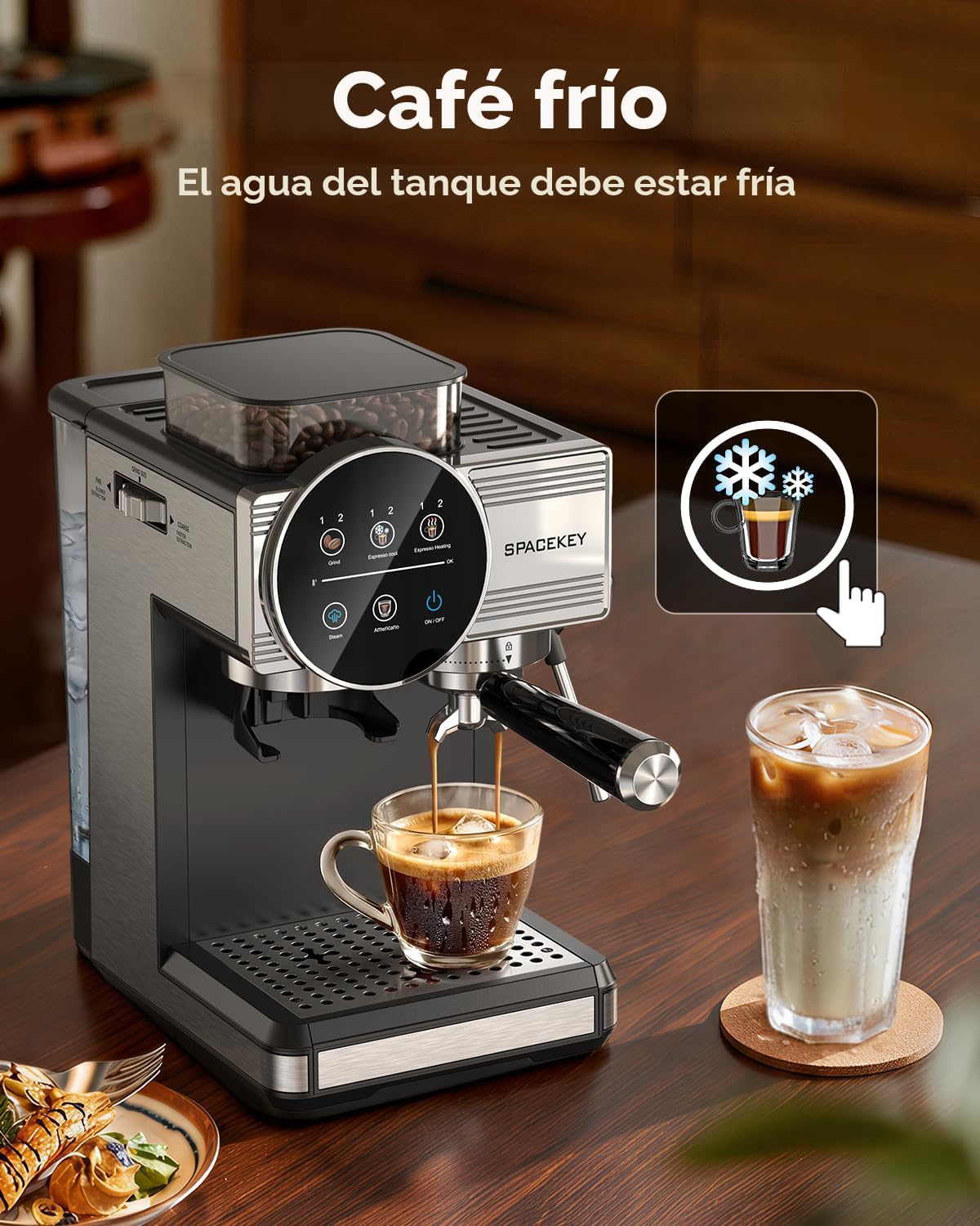 Máquina de café expreso con molinillo y espumador, 30 ajustes de molienda