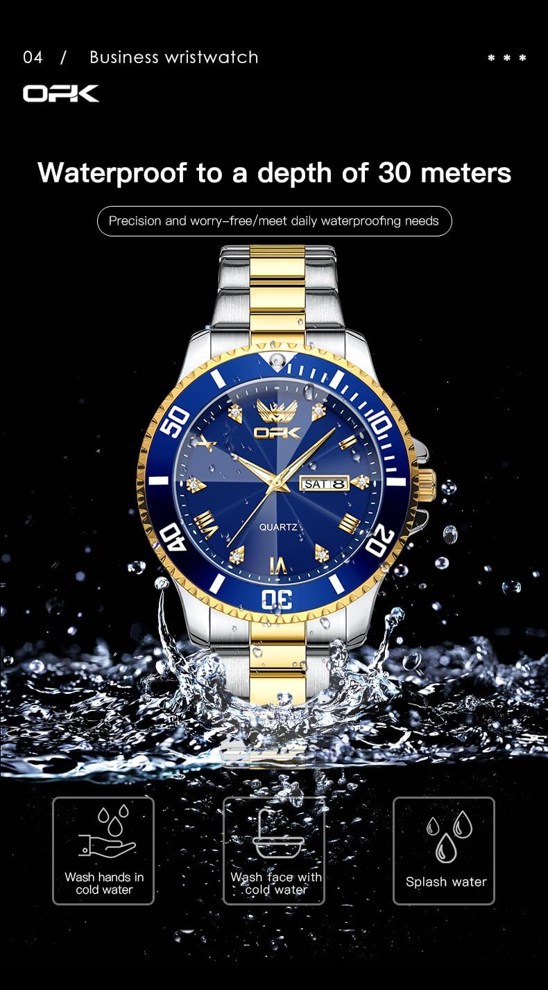 OPK Relojes para hombres de diamantes romanos analógicos relojes impermeables grandes de acero inoxidable para hombre, reloj de pulsera de negocios para padre, reloj de regalo, azul