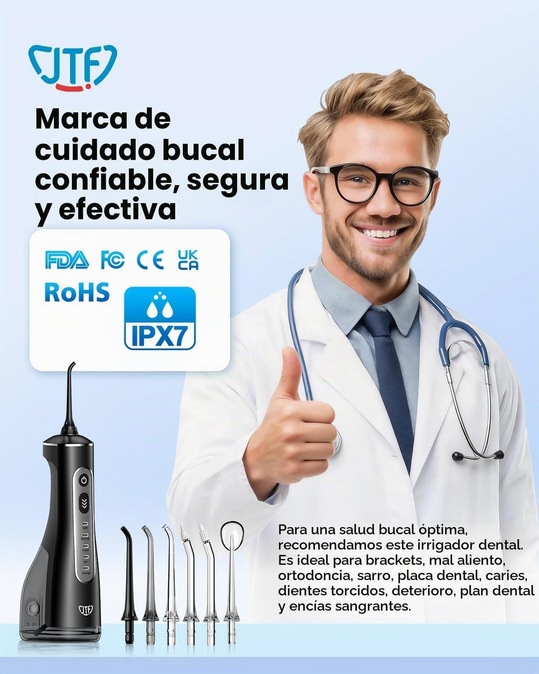 JTF Irrigador bucal portátil para dientes: 3 modos y 10 niveles de...