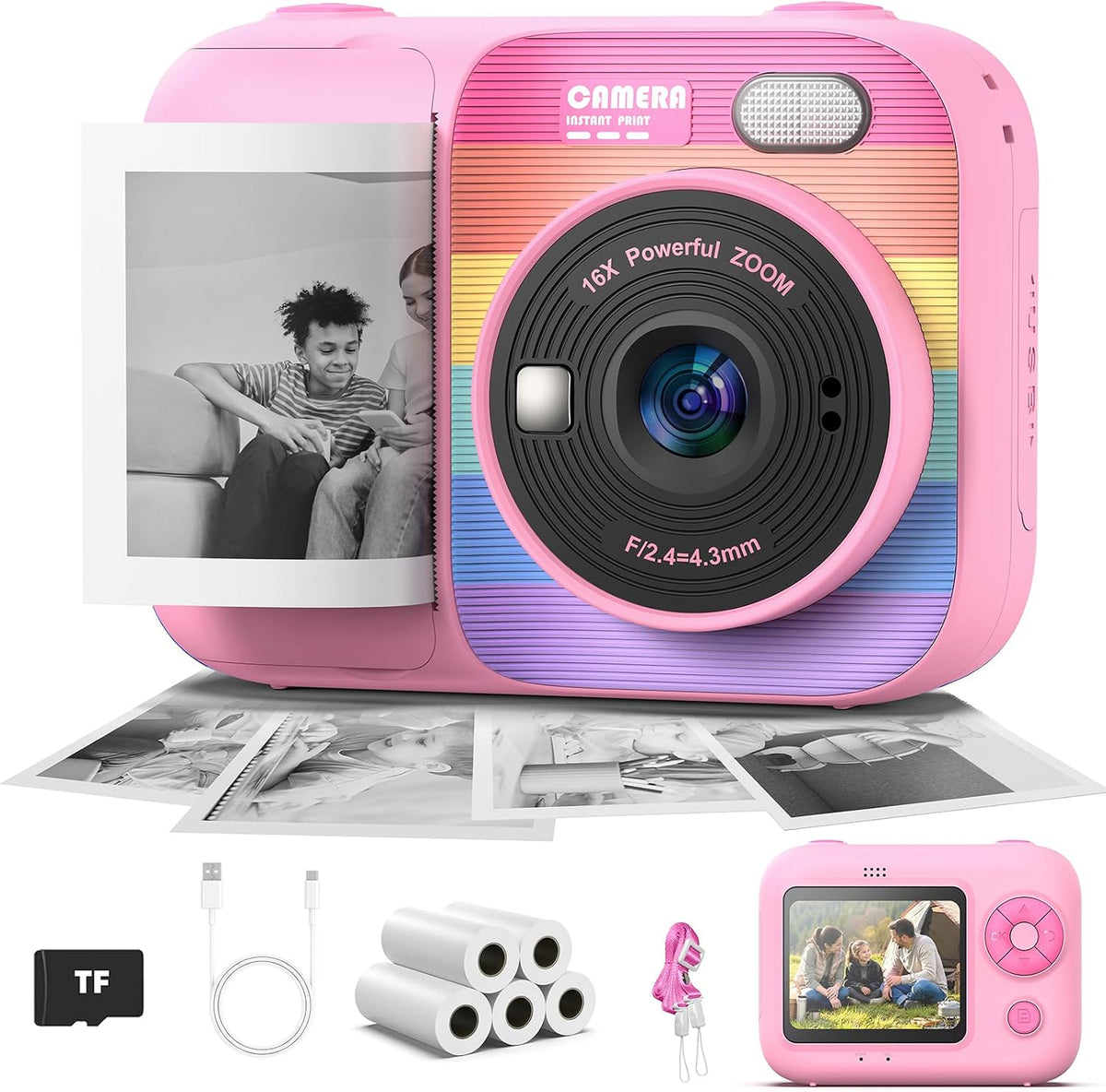 Cámara de impresión instantánea para niños con 5 rollos de papel de impresión, cámara HD 1080P, cámara portátil recargable para selfies, regalos de cumpleaños de Navidad, juguetes para niños y niñas