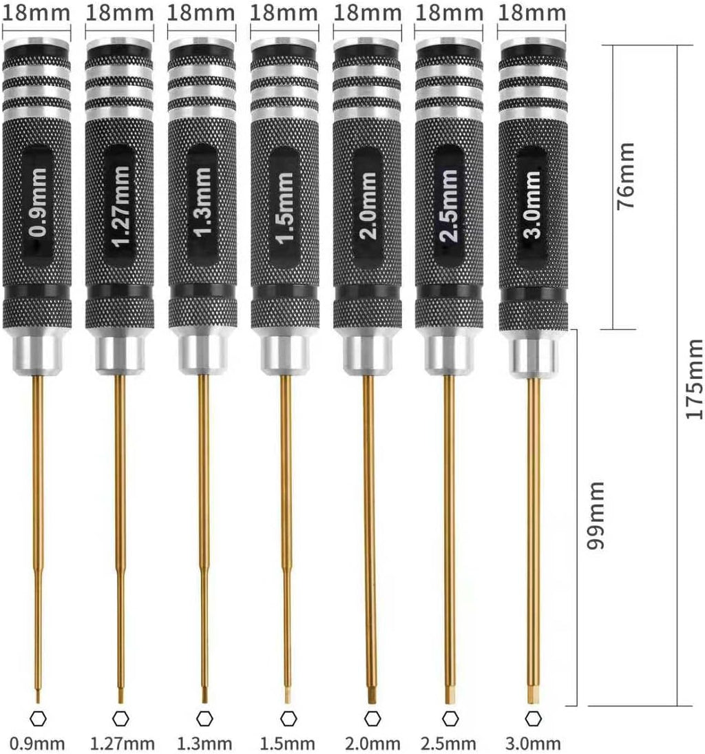 Juego de destornilladores hexagonales con revestimiento de titanio RC profesional, 7 piezas de precisión Allen hexagonal (0.035-0.118 in) para coche RC, dron, helicóptero, kit de herramientas