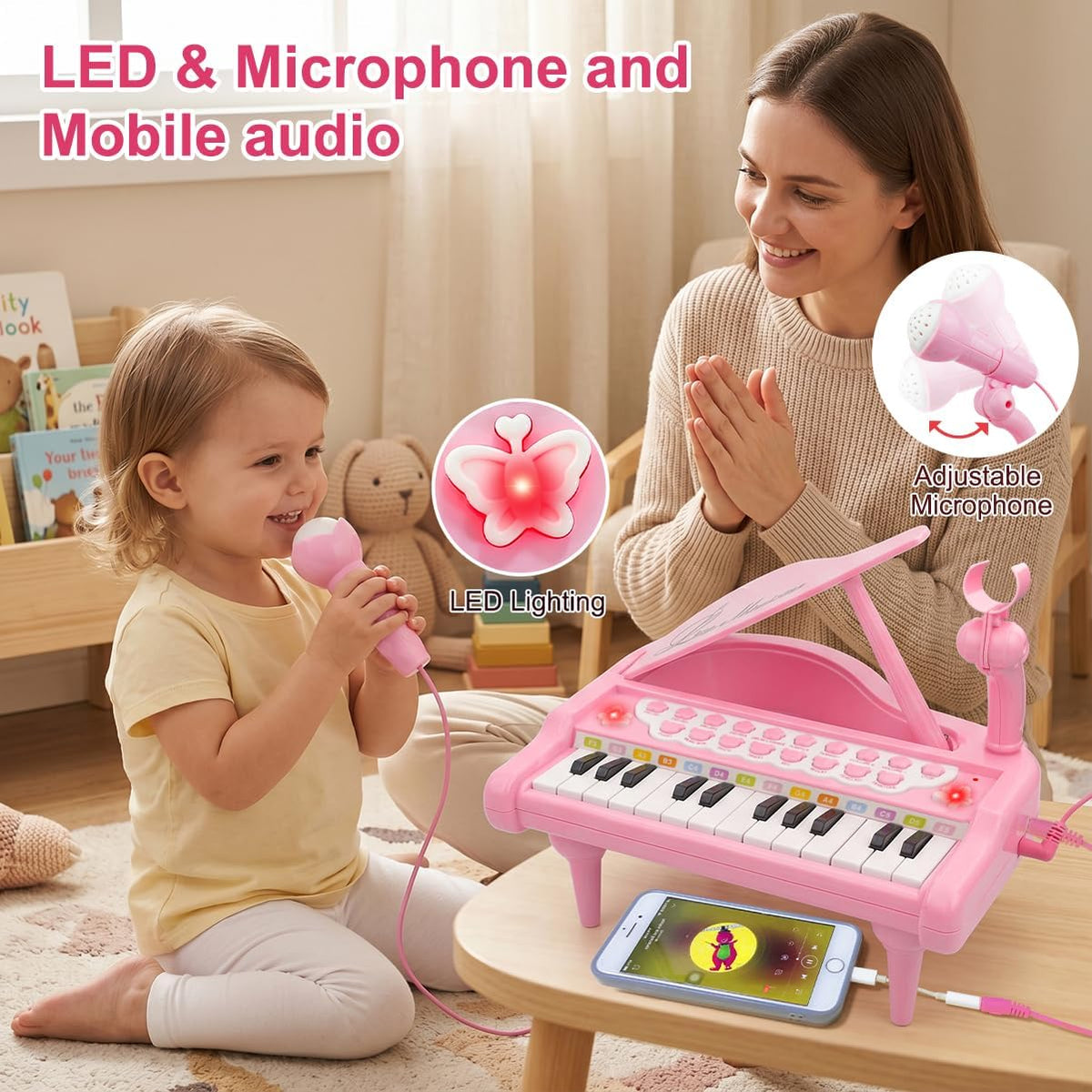 Love&Mini Piano Juguetes para niñas, 24 teclas con micrófono