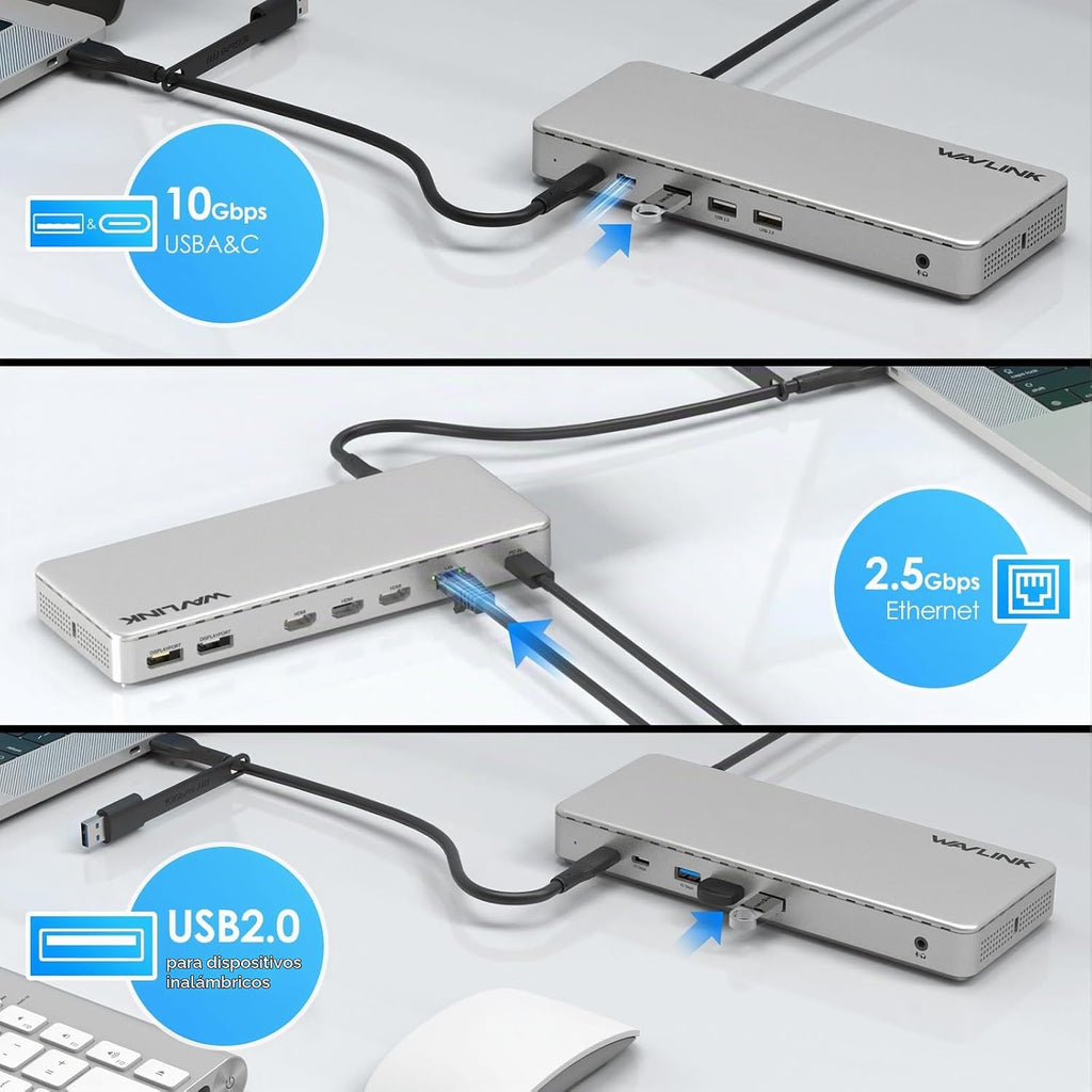 WAVLINK Estación de acoplamiento para portátil, base SM770, triple HDMI