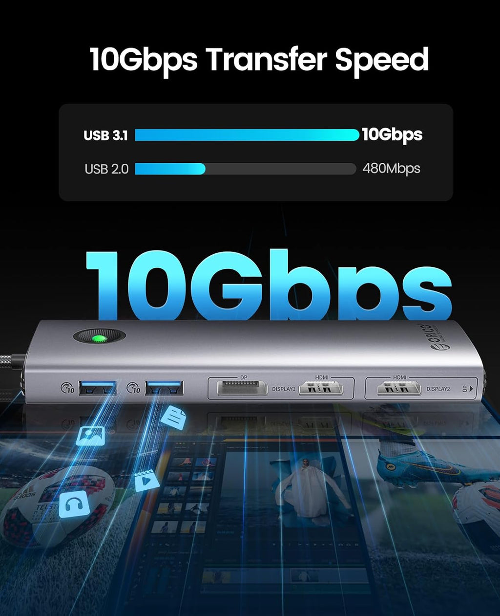 ORICO Estación de acoplamiento DisplayLink de 10 Gbps para MacBook M1/M2/M3