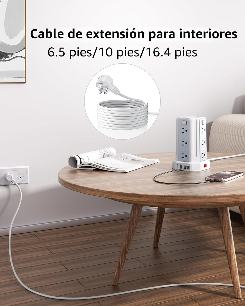 SMALLRT - Cable de extensión de 10 pies con 12 tomas de corriente alterna múltiples, 4 USB (1 USB C), estación de carga de escritorio SMALLRT para hogar, oficina, universidad, dormitorio esencial
