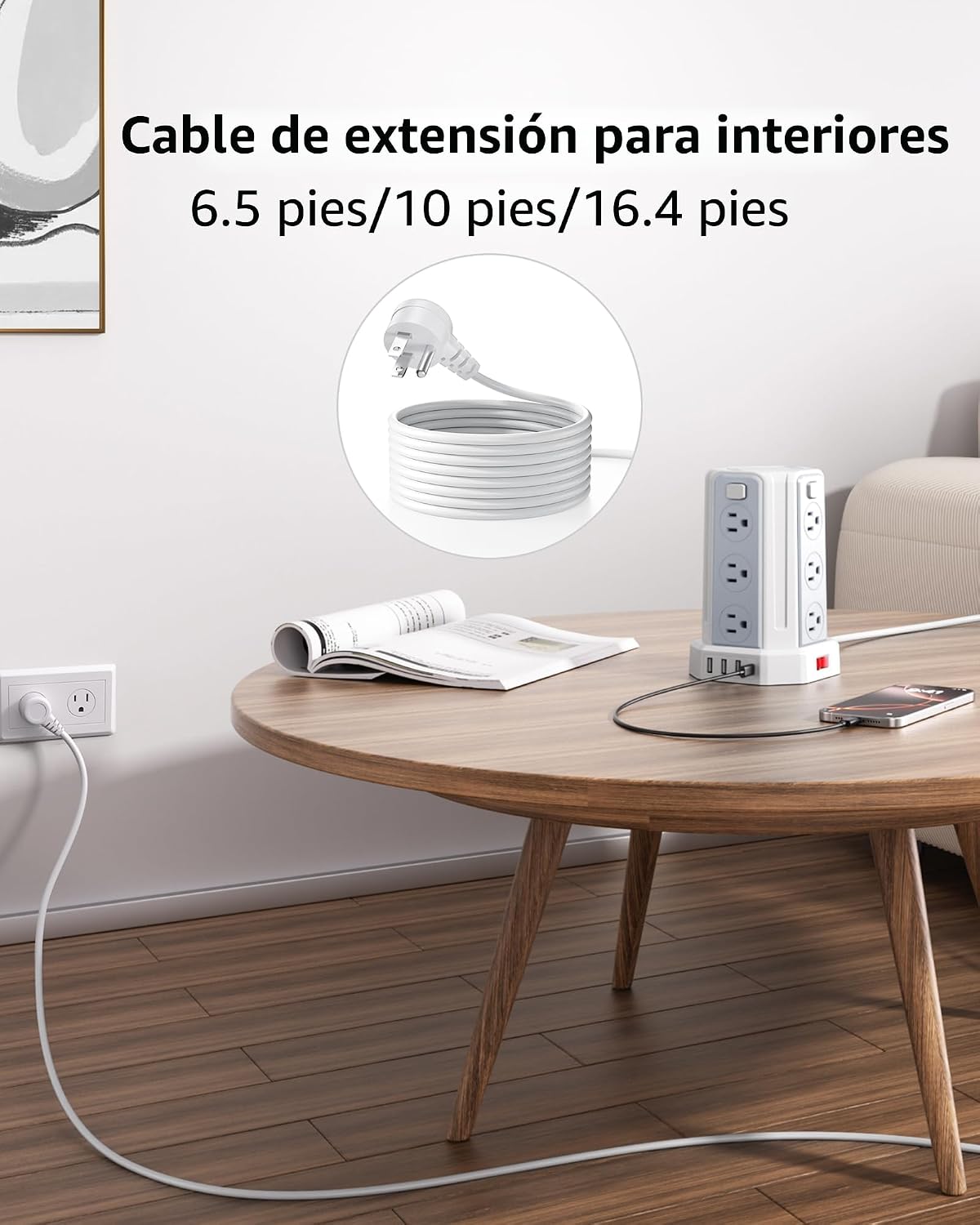 SMALLRT - Cable de extensión de 10 pies con 12 tomas de corriente alterna múltiples, 4 USB (1 USB C), estación de carga de escritorio SMALLRT para hogar, oficina, universidad, dormitorio esencial
