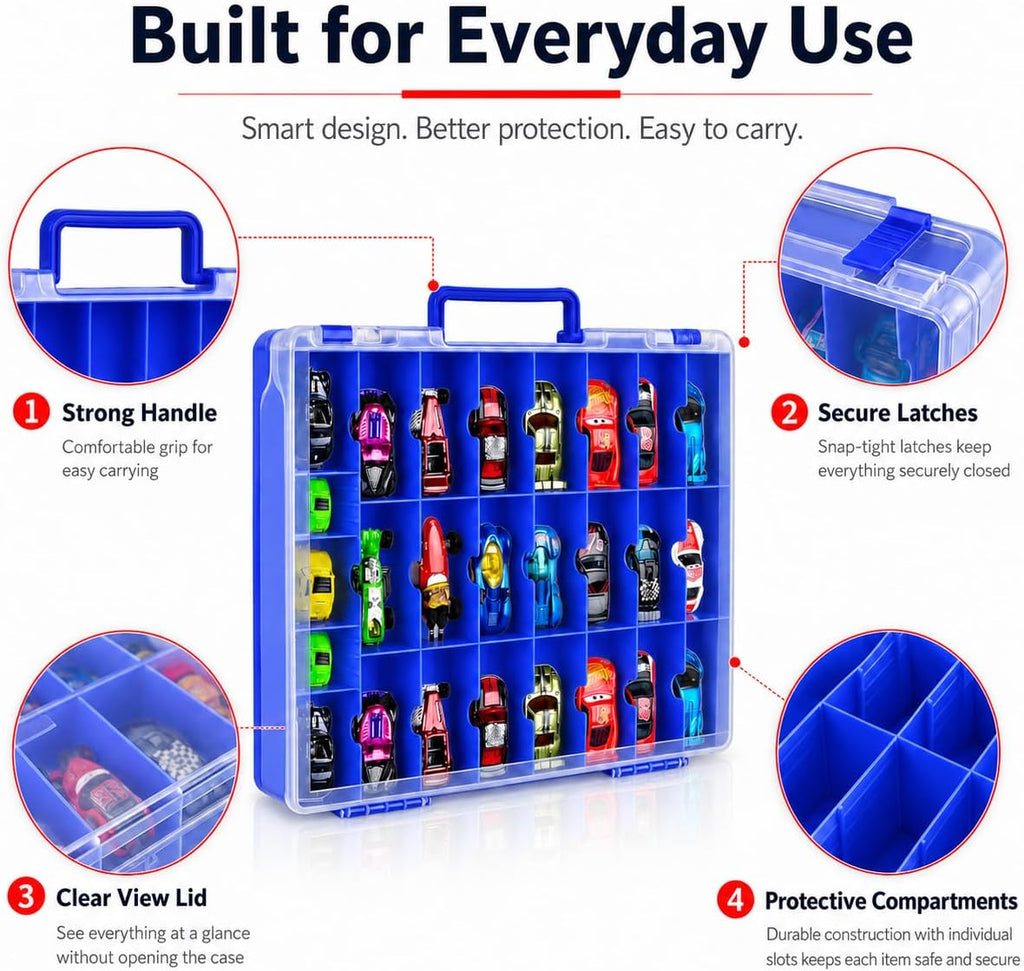 Organizador de juguetes de almacenamiento compatible con Hot Wheels Car, contenedor para coches de fósforos, mini juguetes, muñecas pequeñas, caja de transporte de doble cara para autos