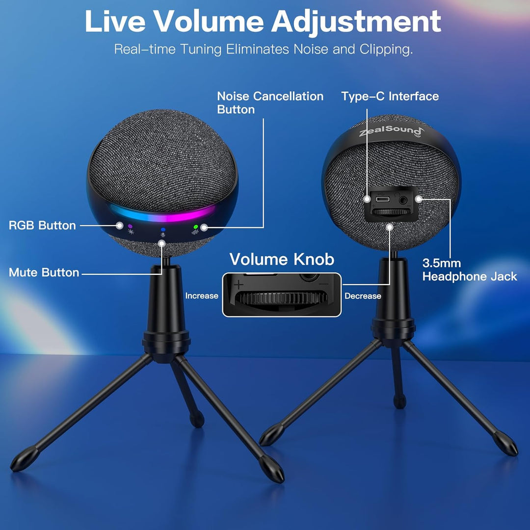 ZealSound Podcast Micrófono USB para PC\/Mac\/iPhone, micrófono de...