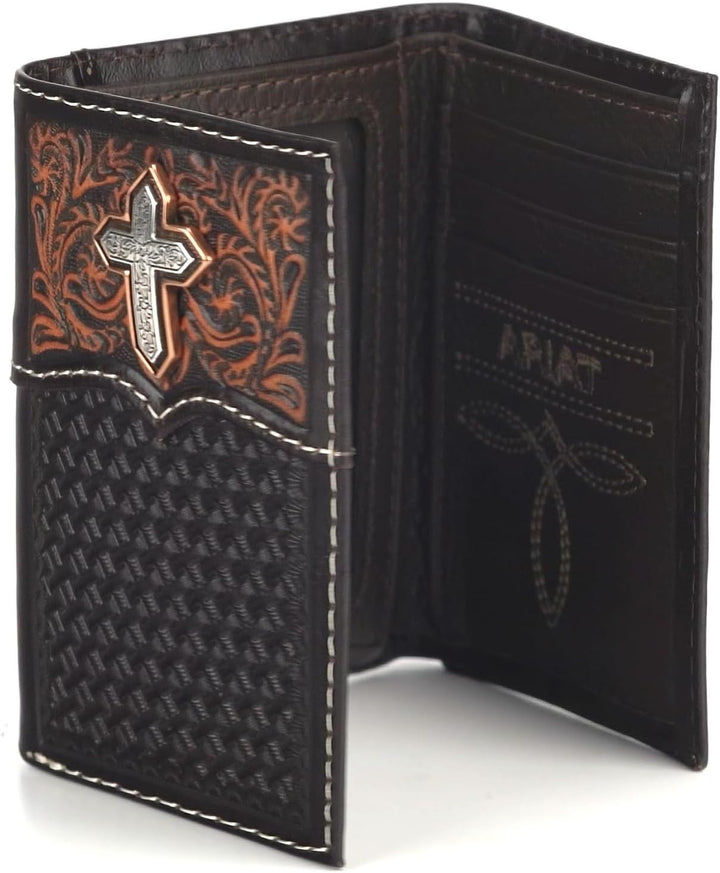 ARIAT Western Wallet Mens Trifold Cross Filigrana Marrón Medio A355...