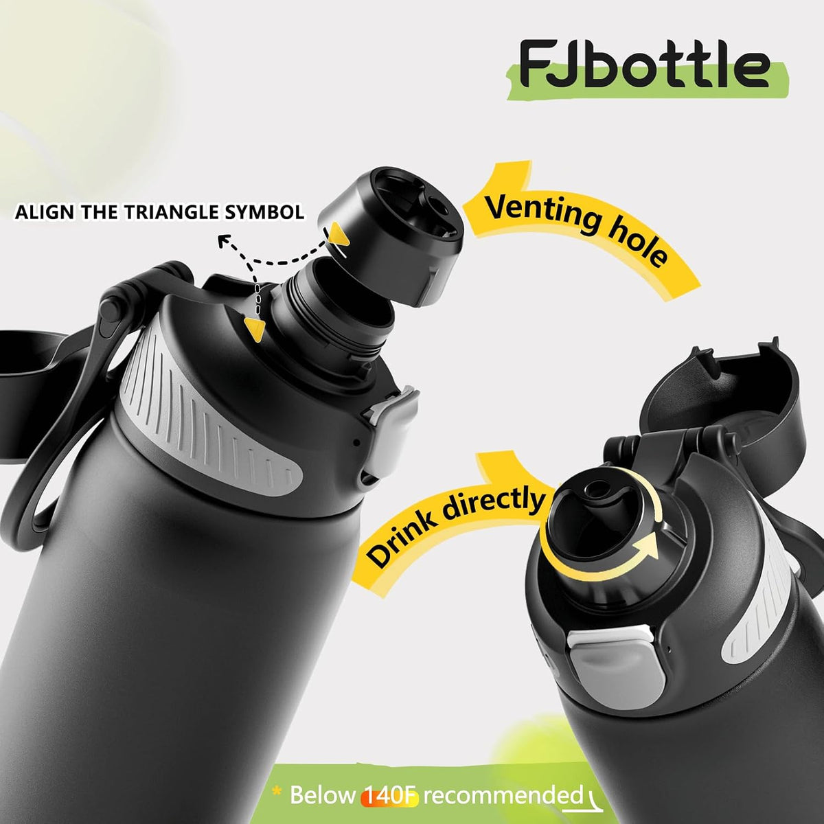 FJbottle Botella de agua aislada con soporte magnético para teléfono, frasco deportivo de acero inoxidable a prueba de fugas, función de trípode para gimnasio, entrenamiento, 32 onzas, color negro