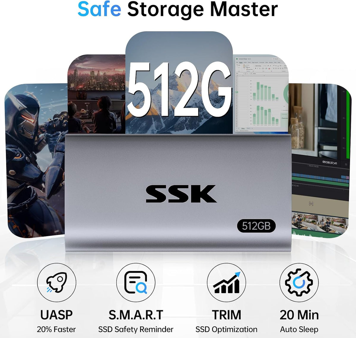 SSK 512GB SSD Disco Duro Externo, SSD Portátil Hasta 550MB\/s Unida...