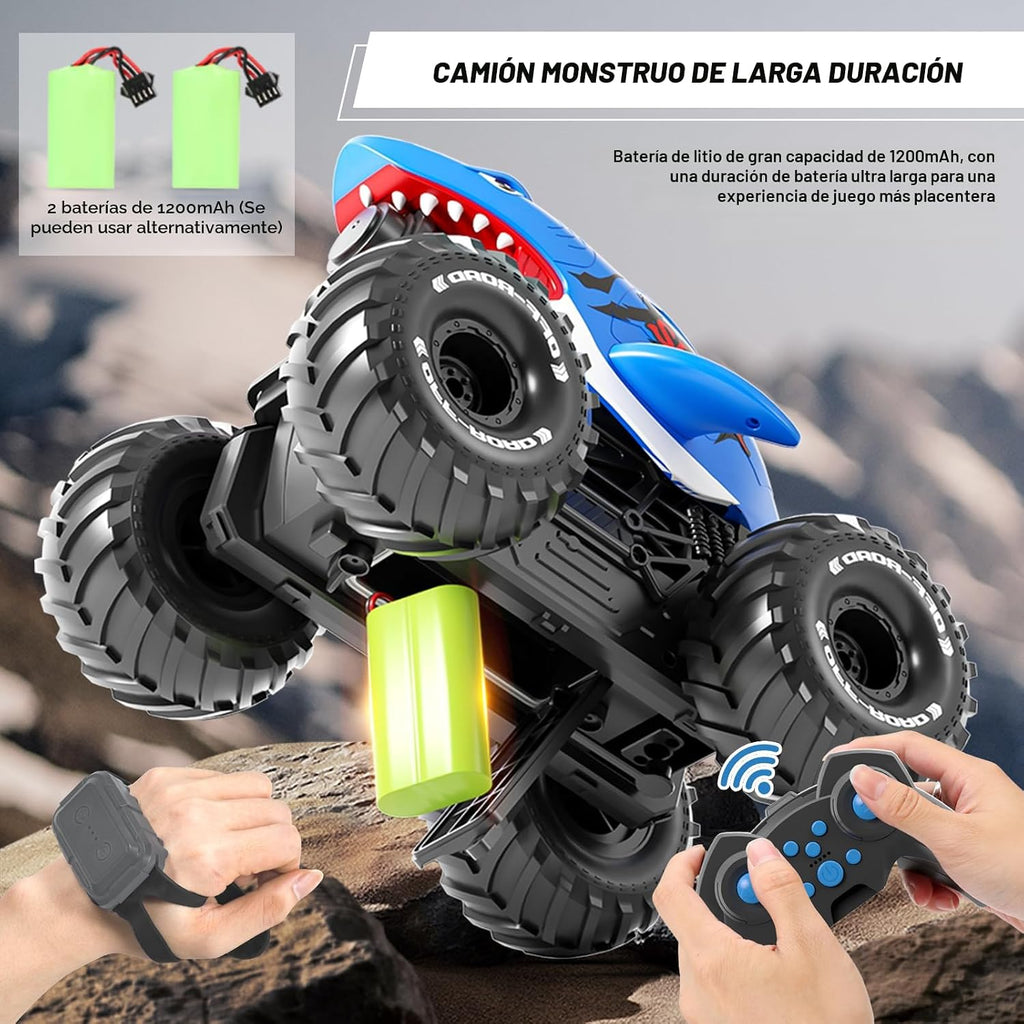 Camión monstruo de tiburón anfibio de control remoto con detección de gestos y chorro de agua, 4WD, 1:16, vehículo RC todo terreno, impermeable, tanque RC para piscina, juguete al aire libre, regalos