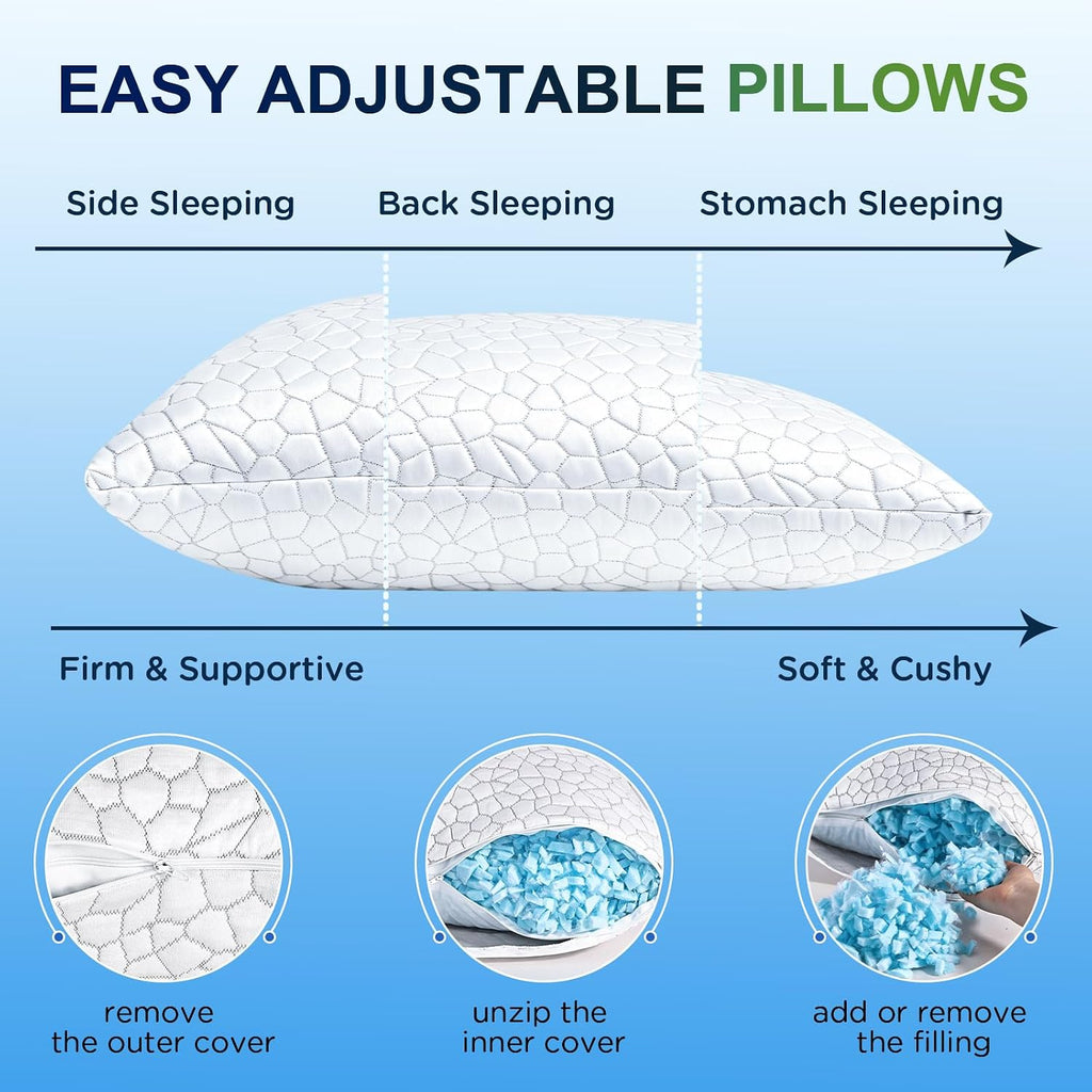 SUPA MODERN Almohadas de cama refrescantes para dormir, paquete de 2 almohadas de espuma viscoelástica trituradas, almohadas ajustables para personas que duermen de lado, espalda y estómago, almohadas