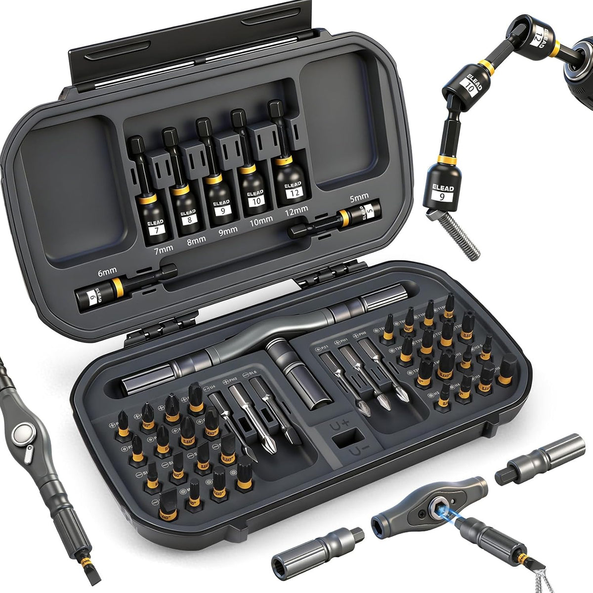 Juego de destornilladores de trinquete magnético 46 en 1, kit de destornilladores multipunta, juego de destornilladores de tuercas, mango de trinquete desmontable con estuche de almacenamiento, kit de