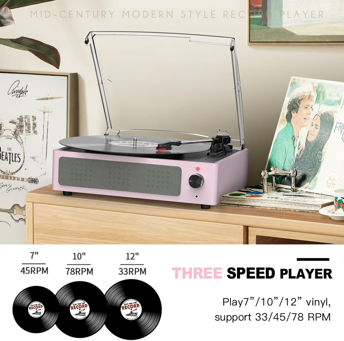 Reproductor de discos de vinilo con altavoces, tocadiscos para discos de vinilos, 3 velocidades, 3 tamaños, transmisión por correa, receptor inalámbrico, portátil, reproductores de vinilo todo en uno