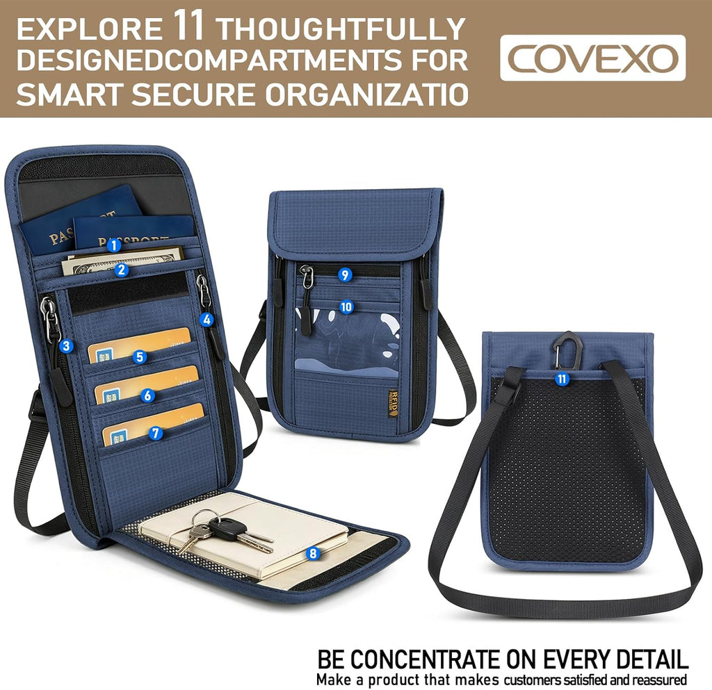 Cartera de cuello con bloqueo RFID, bolsa oculta para pasaporte de viaje, oculta debajo de la ropa, seguridad antirrobo, ajustable y ligera para vacaciones, aeropuertos, Azul oscuro, Bolsa de