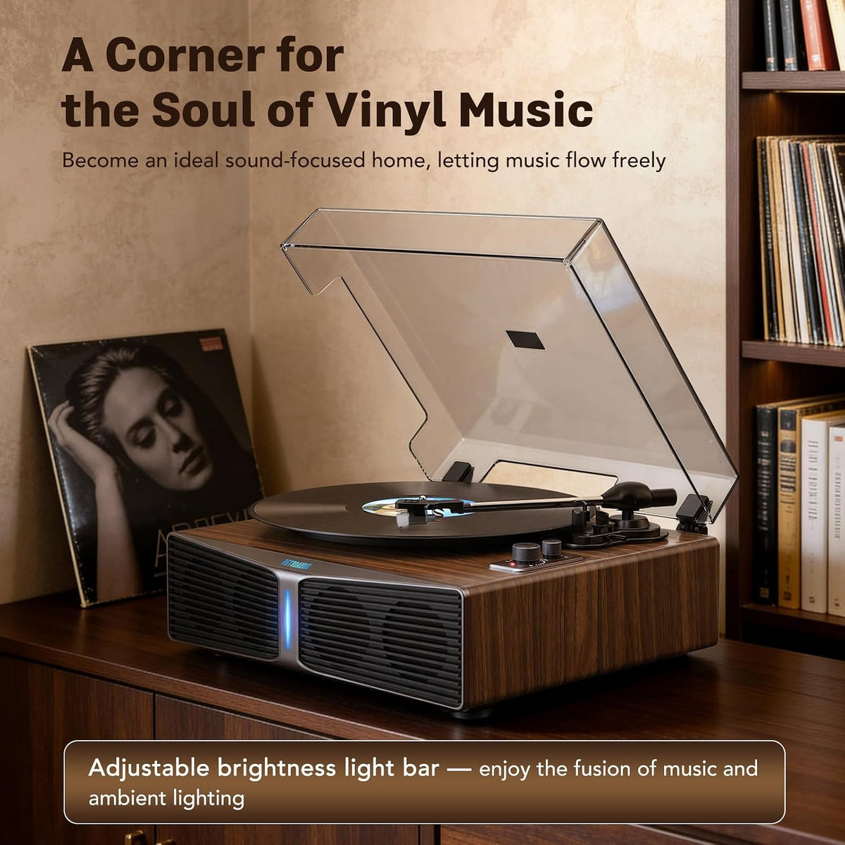 Tocadiscos de vinilo con altavoces integrados, tocadiscos Bluetooth de 5.4 entradas para discos de vinilo, cartucho magnético, transmisión por correa de 33/45 RPM, salida RCA, barra de luz