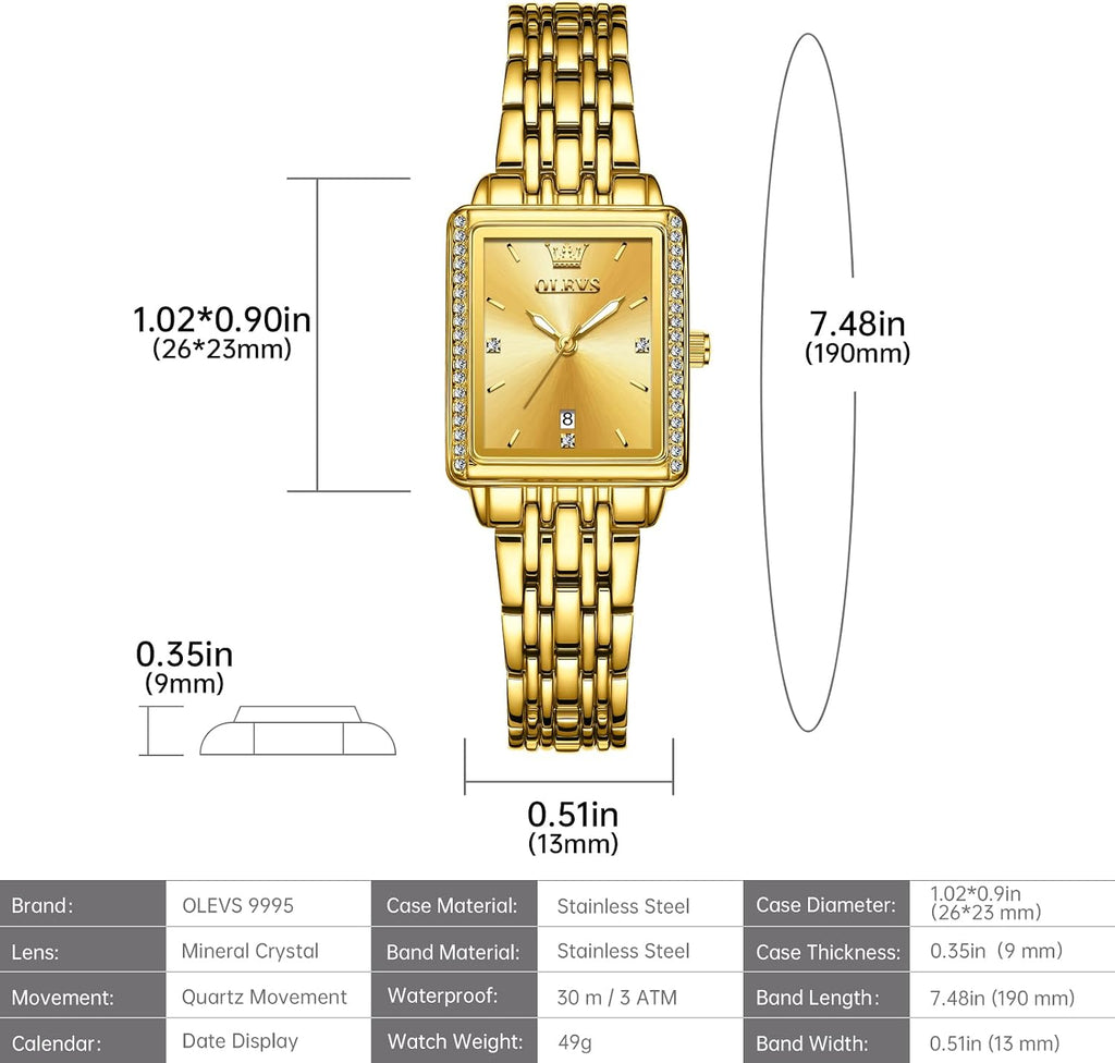 OLEVS Reloj de mujer de oro de acero inoxidable, reloj de cara cuadrada pequeña con decoración de diamantes, reloj de vestir de cuarzo analógico de lujo para mujer, reloj de pulsera impermeable con