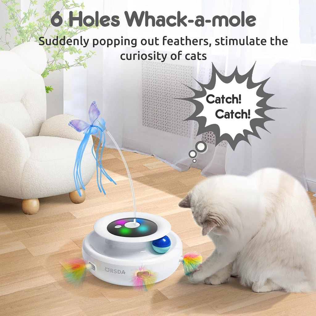 ORSDA Juguete para gatos, juguete interactivo electrónico automático 3 en 1 con plumas de emboscada en movimiento, mariposa revoloteante, bolas de seguimiento, pateador inteligente recargable por USB