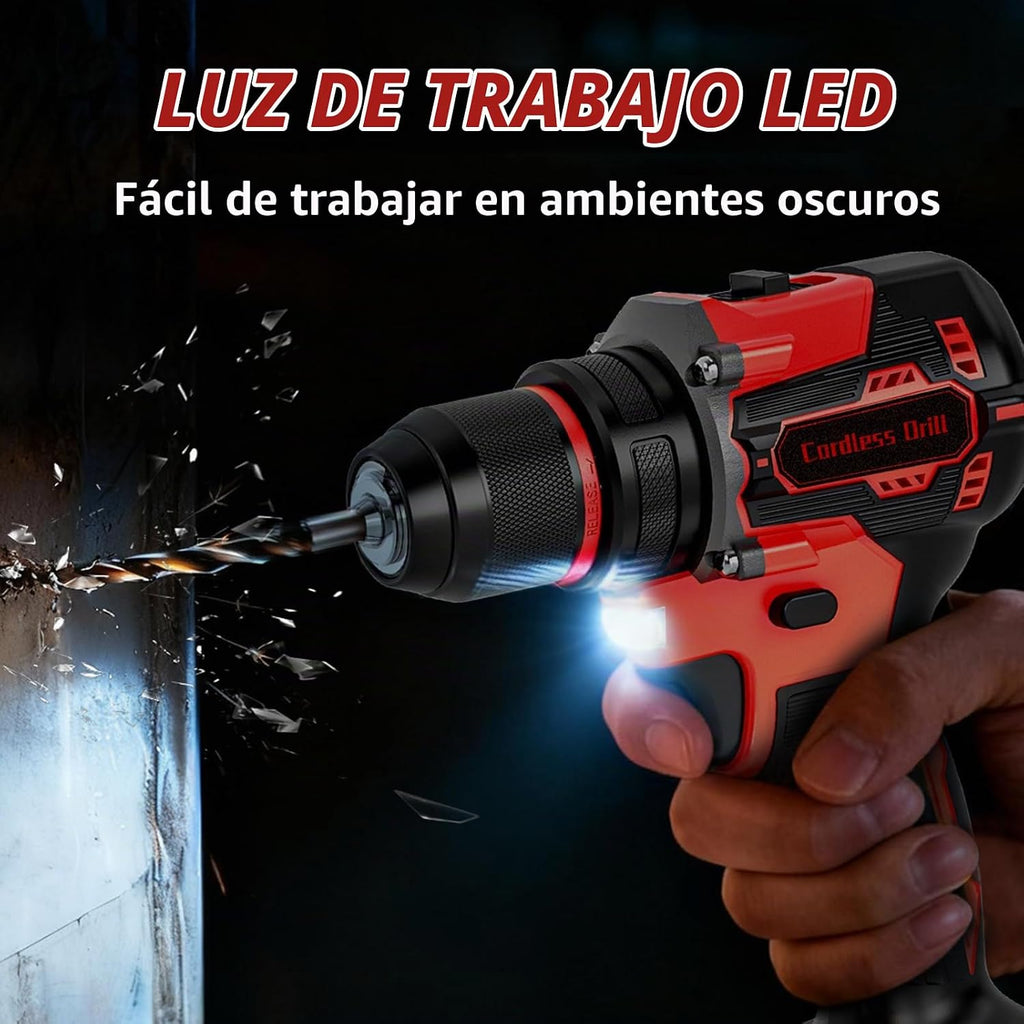 Juego de taladro eléctrico inalámbrico sin escobillas de 21 V con batería de gran capacidad de 4.0 Ah y cargador, taladro eléctrico de metal sin llave de 3/8 pulgadas, ajuste de par 25+1, 2 velocidades, kit de taladro de 87 piezas para proyectos de bricol