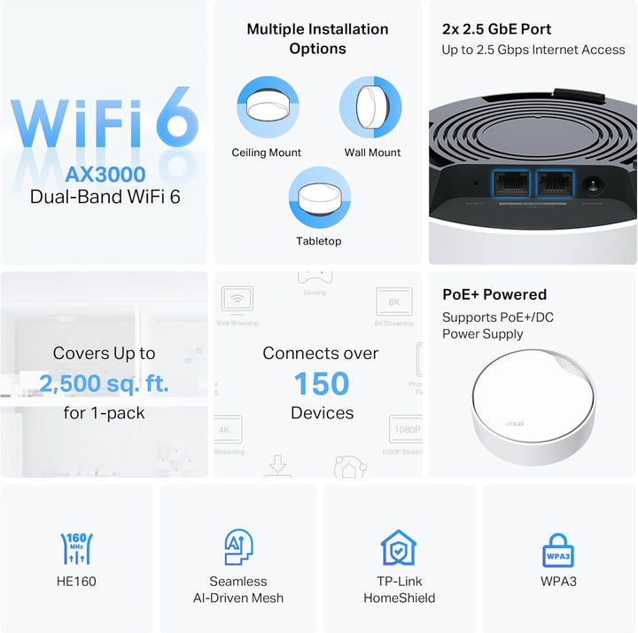 TP-Link AX3000 PoE Mesh WiFi - Malla WiFi 6 para montaje en techo\/...