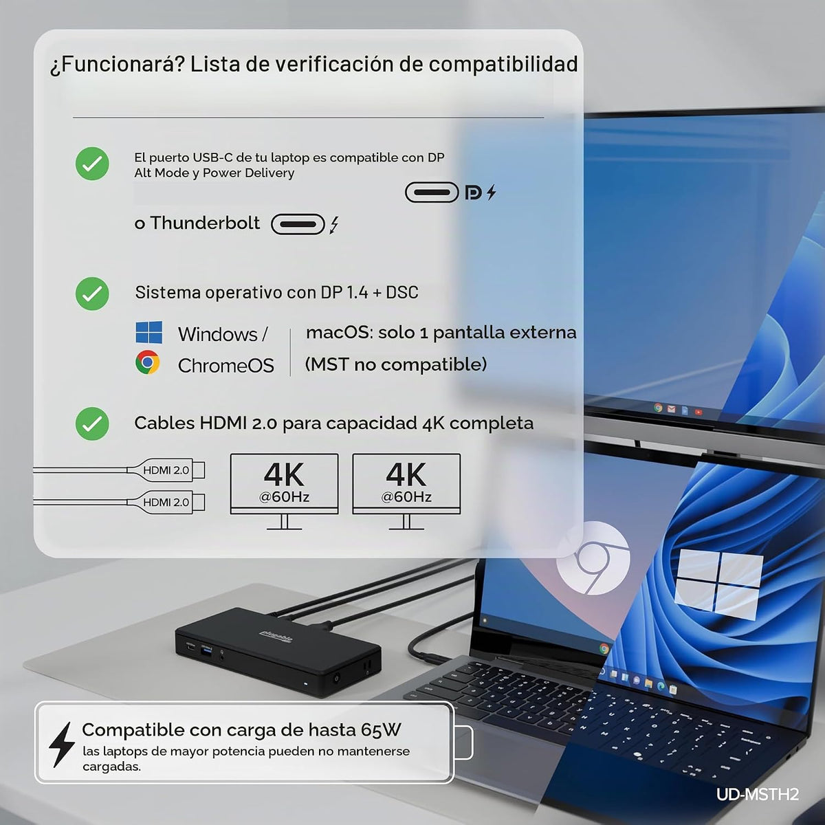 Estación de acoplamiento USB-C enchufable, HDMI dual 4K 60Hz para Windows y
