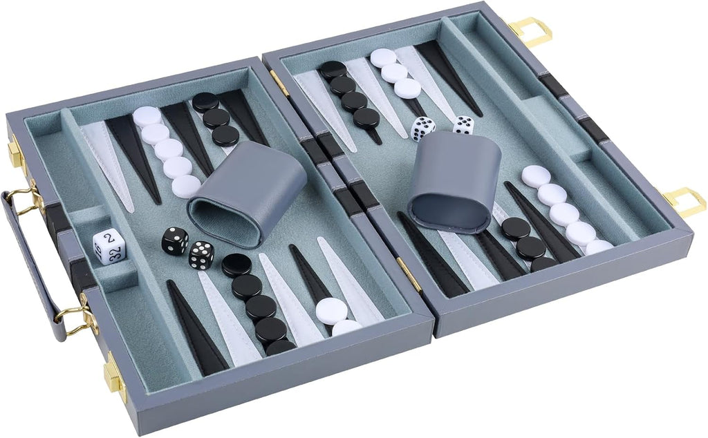 Backgammon - Juego de 2 jugadores clásico de backgammon para adultos, juego de mesa con funda de piel sintética, portátil y juego de backgammon de viaje (gris, 11 pulgadas)