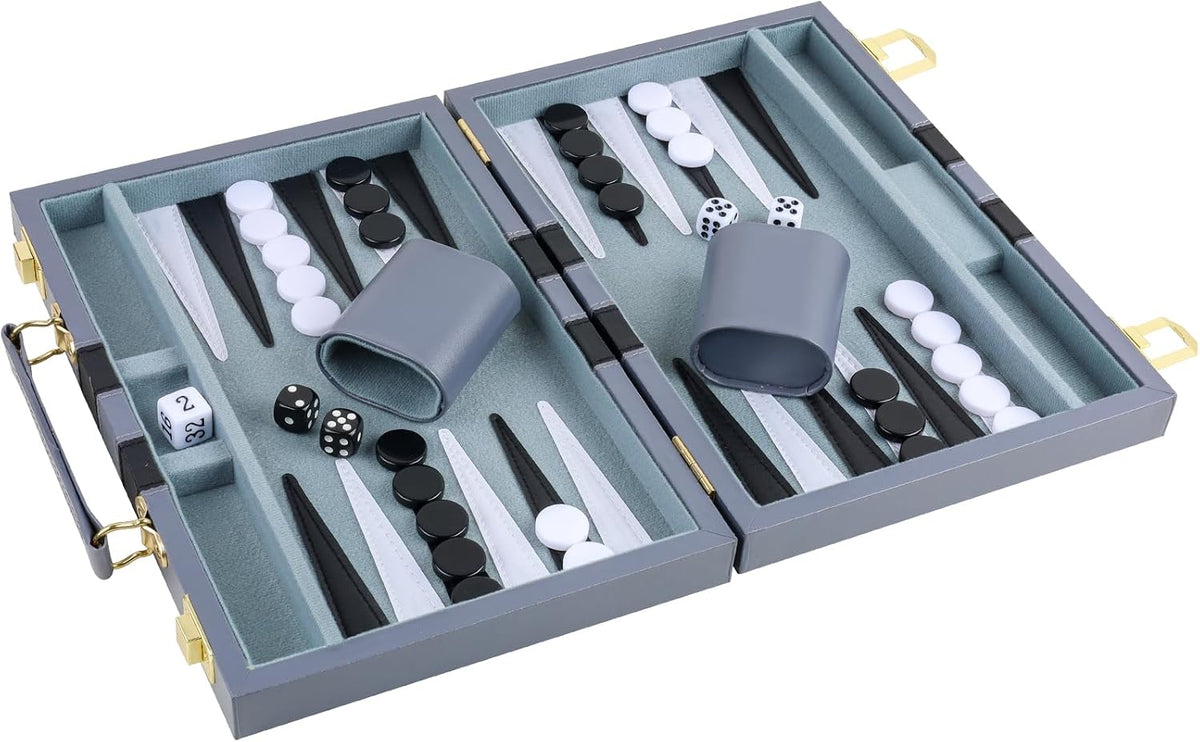 Backgammon - Juego de 2 jugadores clásico de backgammon para adultos, juego de mesa con funda de piel sintética, portátil y juego de backgammon de viaje (gris, 11 pulgadas)