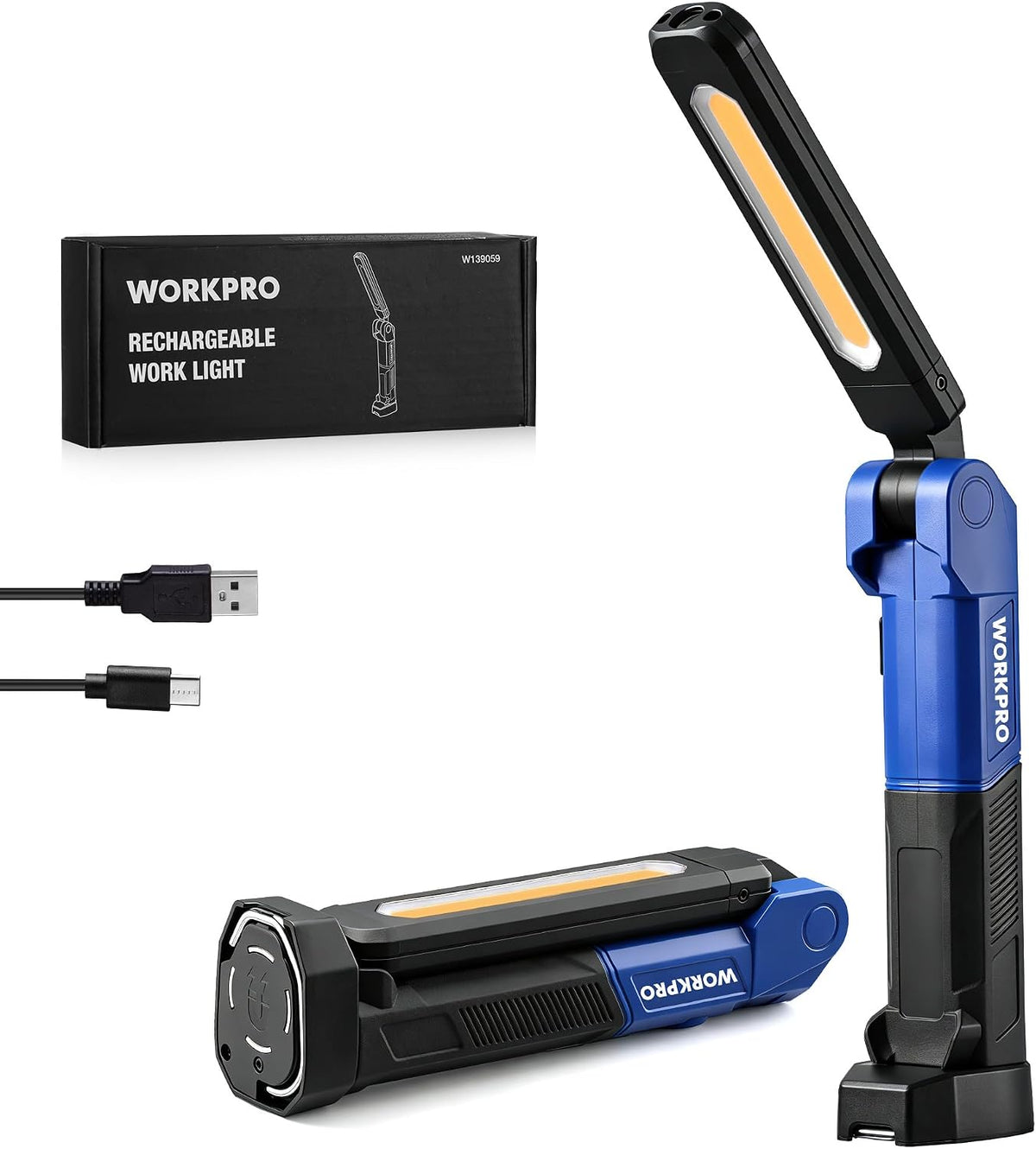 WORKPRO Luz LED magnética de trabajo de doble cara, luz recargable plegable