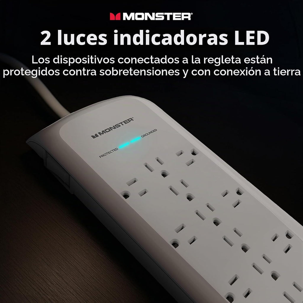 Monster Power Surge Protector w/ 4050 Joule Rating — Heavy Duty 6 FT Surge Protector Power Strip w/ 12 Outlets, 2 USB, 2 Coax, 2 Ethernet puertos — Fireproof MOV, Dual Mode, Clean Tech (blanco)