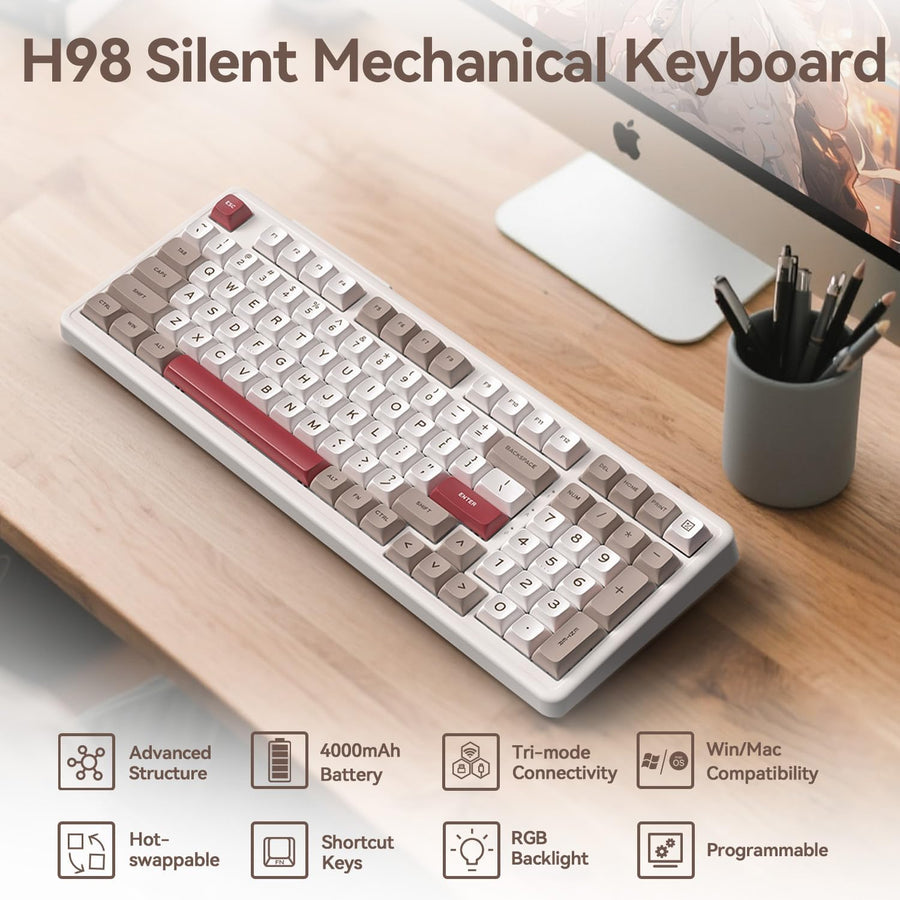 AUSDOM Teclado mecánico inalámbrico Bluetooth H98, BT5.3\/Type-C\/2...
