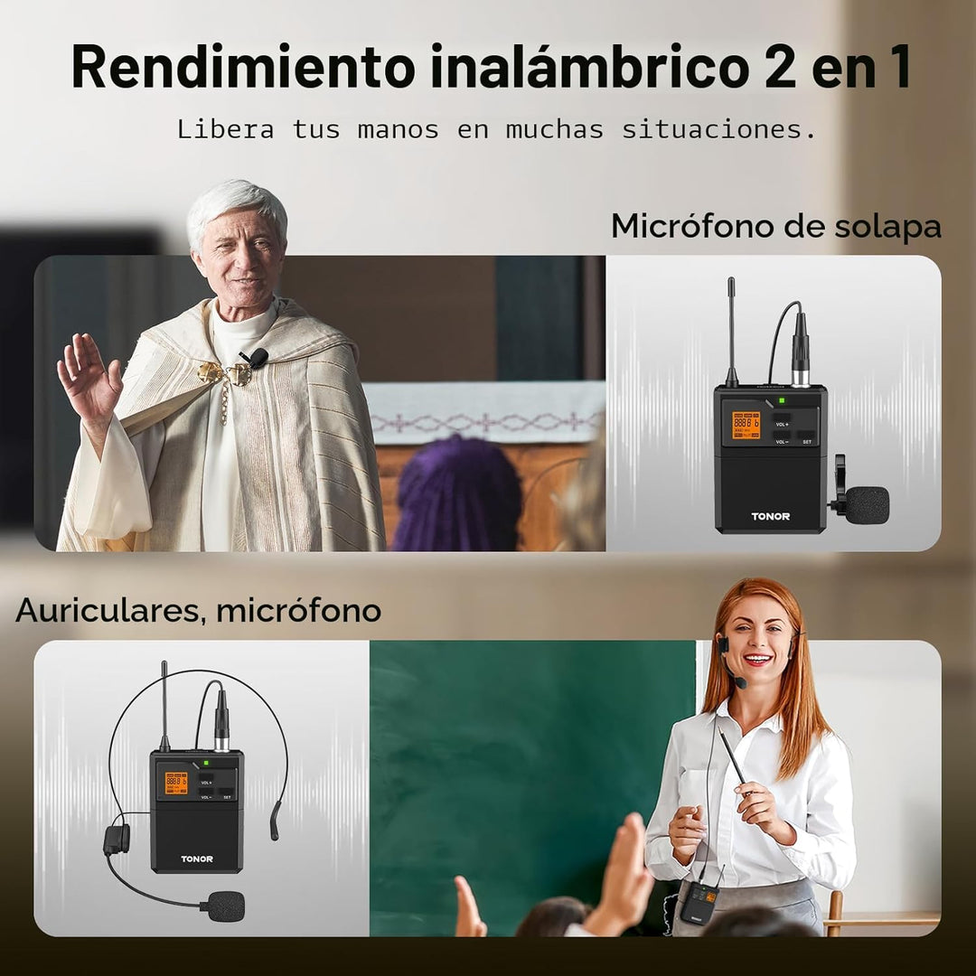 TONOR Sistema de micrófono inalámbrico UHF con micrófono de auricul...