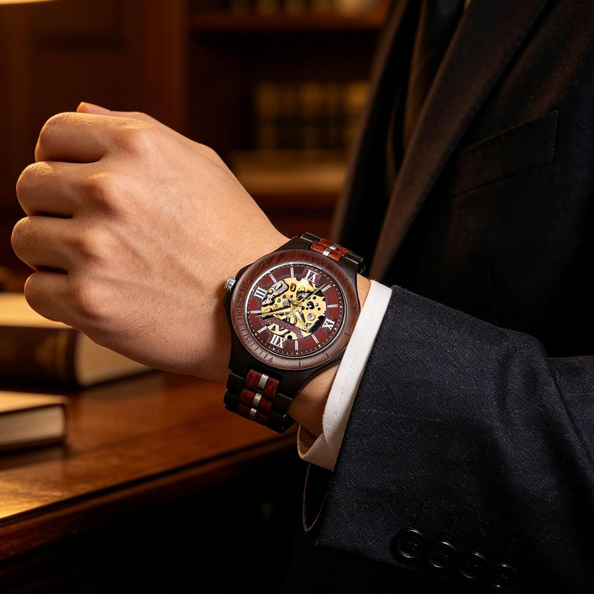 Reloj mecánico de madera para hombre Tiong, reloj automático esqueleto con caja de regalo
