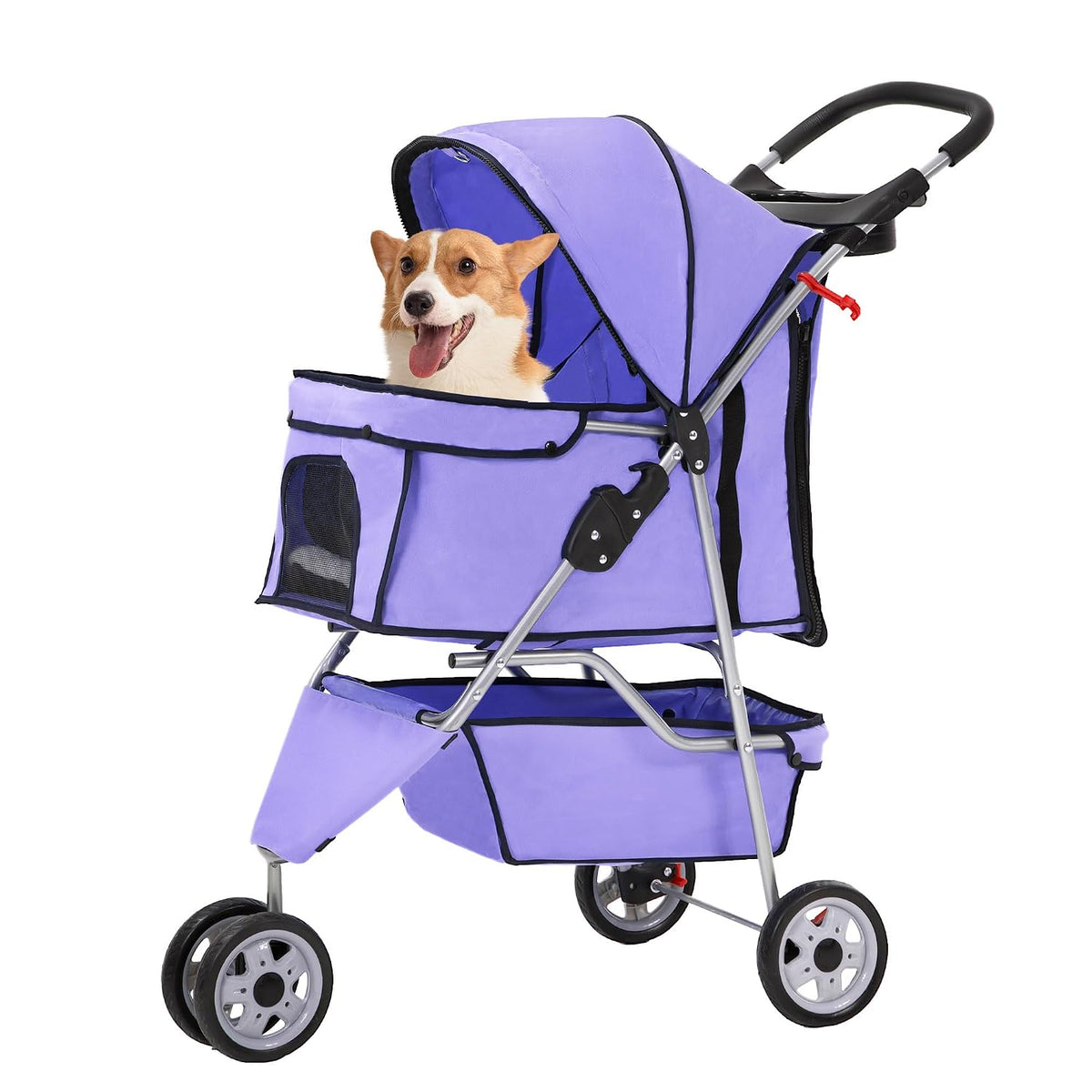 FDW Carriola para mascotas de 3 ruedas, plegable y duradera, para gatos y perros, con forro lavable, canasta de almacenamiento y portavasos, color púrpura