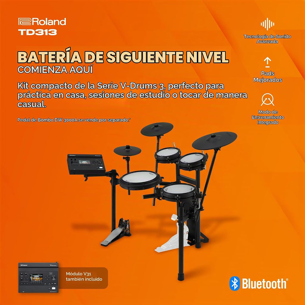 Roland TD313 V-Drums | Kit de batería en V compacto serie 3 | Módulo de sonido V31 | Tecnología de sonido avanzada | Almohadillas mejoradas y disparo preciso de platillos | Modo Coach integrado | Funciones de E/S ampliadas