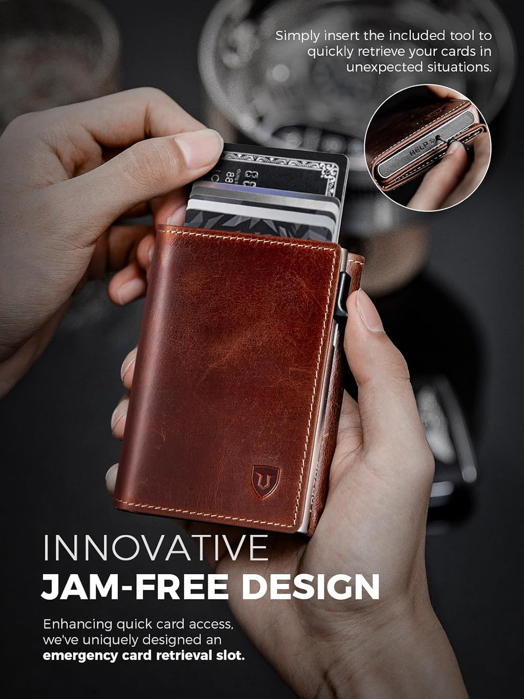 Cartera minimalista para hombres con tarjetero de crédito, cuero de grano completo más fino, billetera inteligente emergente, billetera delgada de tres pliegues, bloqueo RFID, bolsillo frontal
